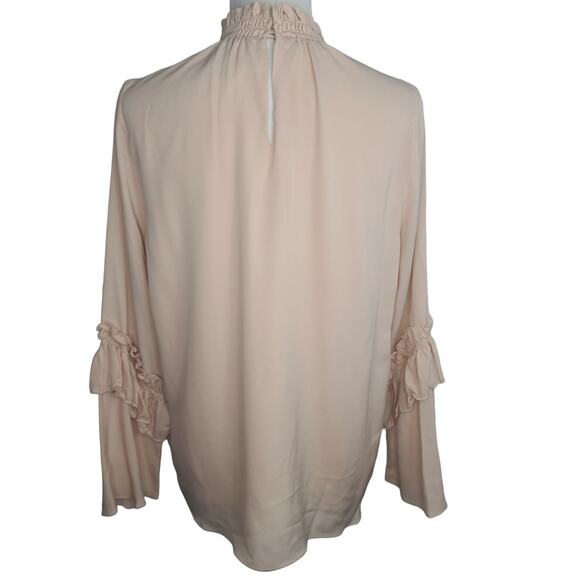 Drew Blouse Pale Pink Peekaboo Mock Neck Top Medium Silk Ruffle Sleeve - Picture 4 of 9